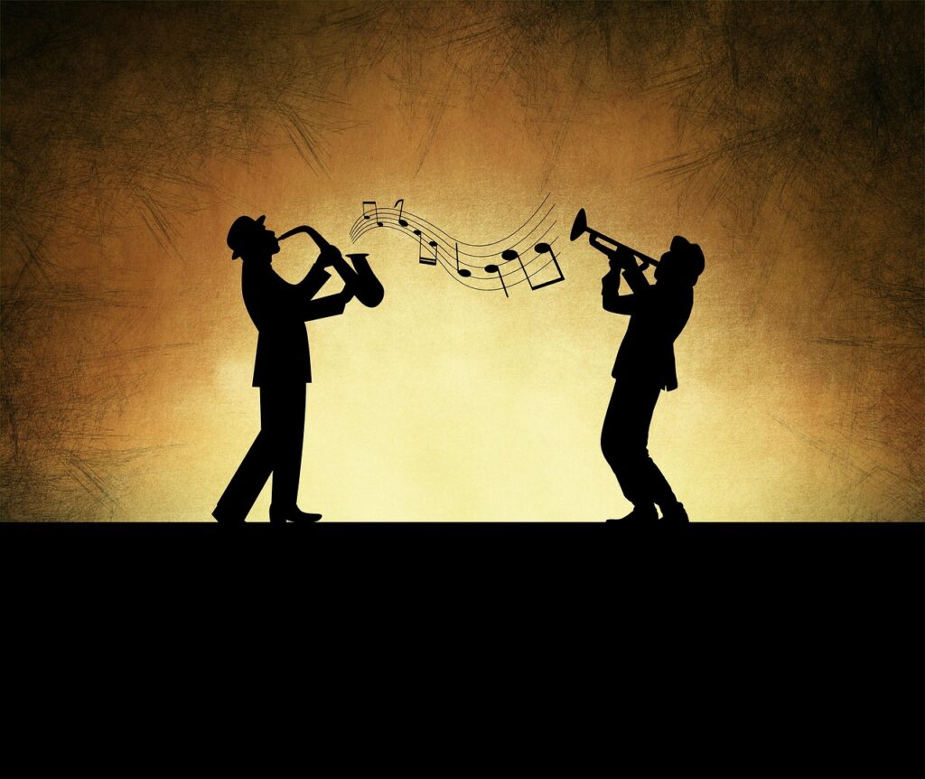 École de musique à Neuville-sur-Saône- illustration montrant la silhouette de deux musiciens joutant du saxophone avec des notes de musique sur un fond orange chaleureux